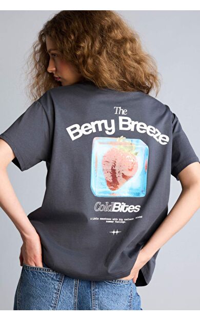 DeFacto Oversıze Bisiklet Yaka Baskılı Kısa Kollu Tişört