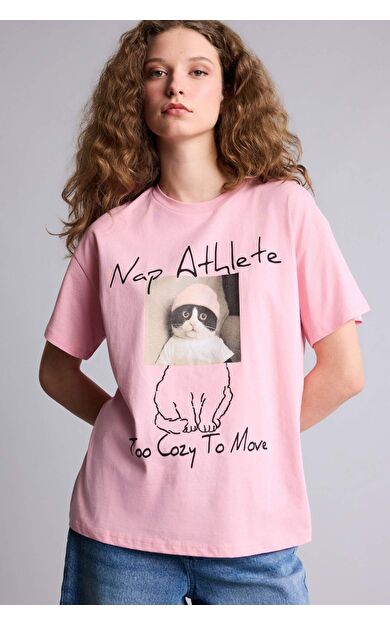 Oversıze Bisiklet Yaka Baskılı Kısa Kollu Tişört