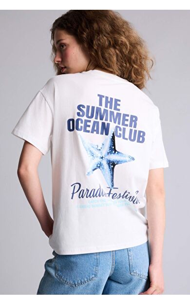 DeFacto Oversıze Bisiklet Yaka Baskılı Kısa Kollu Tişört