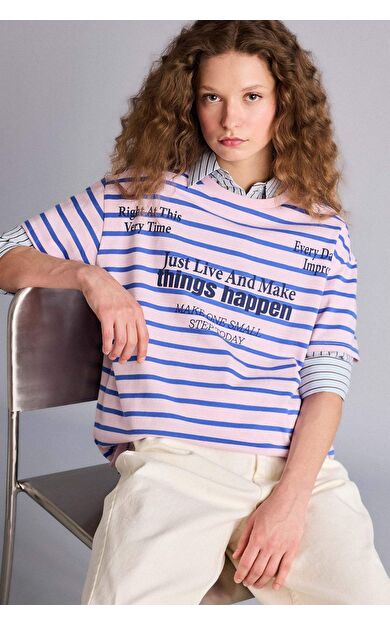 DeFacto Oversıze Bisiklet Yaka Baskılı Kısa Kollu Tişört