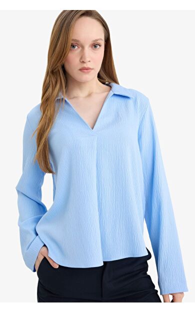 Relax Fit Gömlek Yaka Gofre Dokulu Uzun Kollu Bluz
