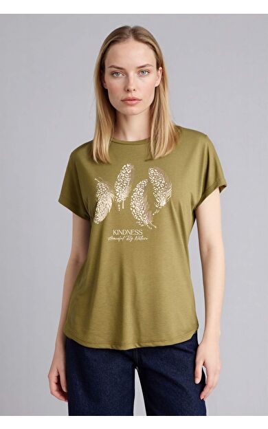 Bisiklet Yaka Leopar Desenli Kısa Kollu Tişört