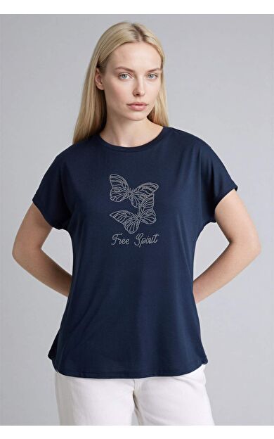 Bisiklet Yaka Taş Baskılı Kısa Kollu Tişört