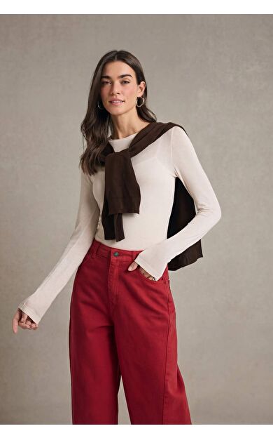 Slım Fıt Dar Kesim Bisiklet Yaka Ribana Uzun Kollu Tişört