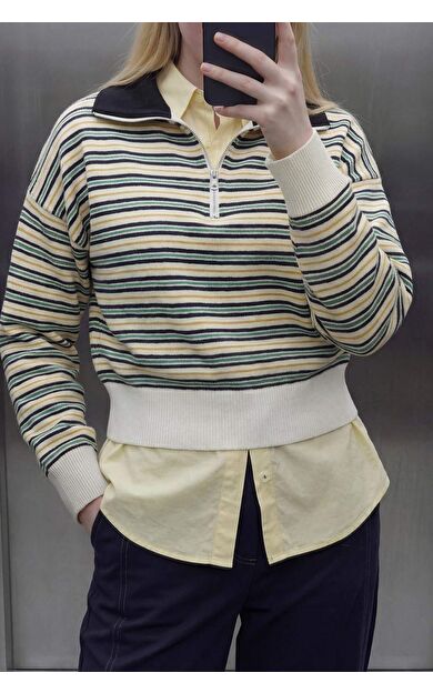 Yarım Fermuarlı Çizgili Sweatshirt