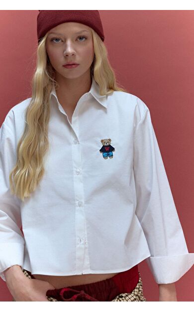 Oversize Geniş Kalıp Ayı Baskılı Bengalin Uzun Kollu Gömlek