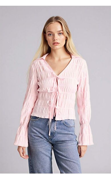 Regular Fıt Gömlek Yaka Dokulu Uzun Kollu Bluz