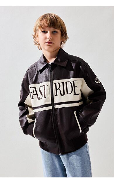 DeFacto Oversize Polo Yaka Cepli Fermuarlı Suni Deri Mont Erkek Çocuk