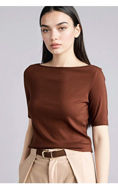 Slım Fıt Kayık Yaka Ribana Uzun Kollu Tişört