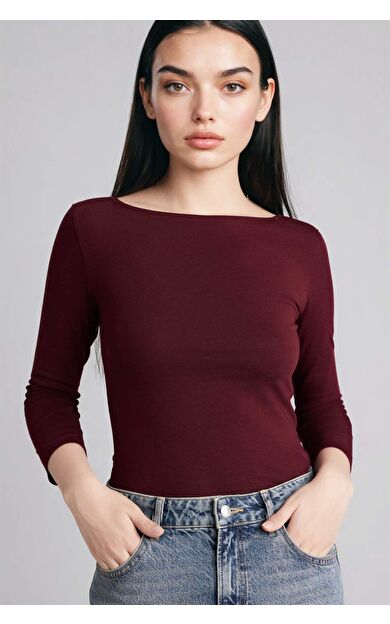 Slım Fıt Kayık Yaka Uzun Kollu Tişört
