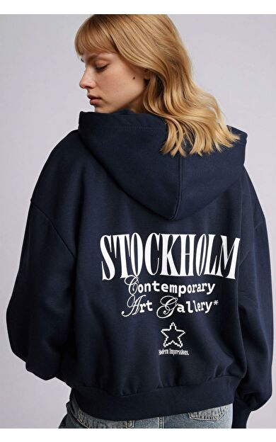 Oversıze Bisiklet Yaka Baskılı Kalın Kumaş Hırka