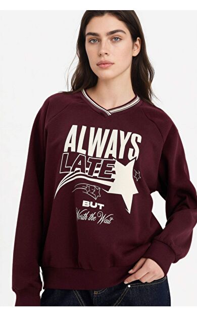 DeFacto Oversıze Geniş Kalıp V Yaka Baskılı Kalın Kumaş Sweatshirt