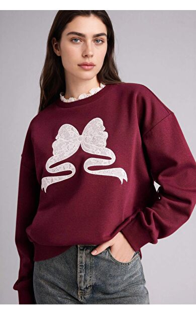 Oversıze Geniş Kalıp Bisiklet Yaka Baskılı Kalın Kumaş Sweatshirt