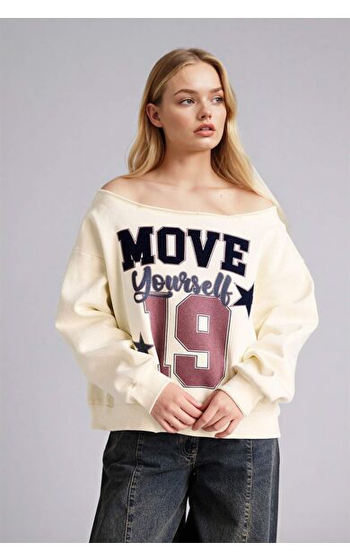 DeFacto Oversıze Kayık Yaka Baskılı Sweatshirt