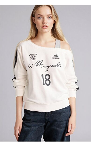 DeFacto Kayık Yaka Baskılı Sweatshirt