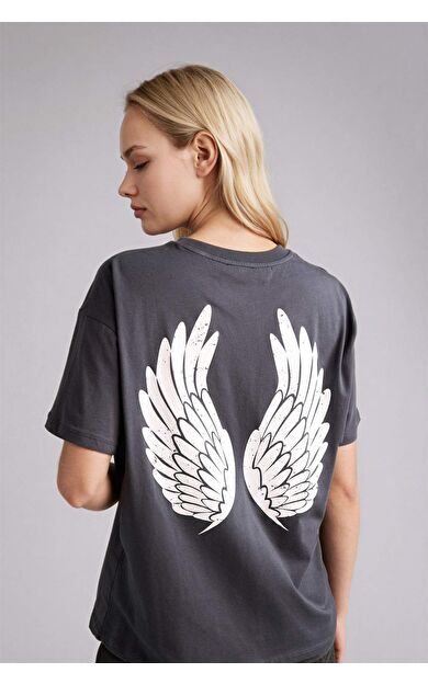 DeFacto Oversıze Bisiklet Yaka Baskılı Kısa Kollu Tişört