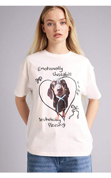 Oversıze Bisiklet Yaka Baskılı Kısa Kollu Tişört