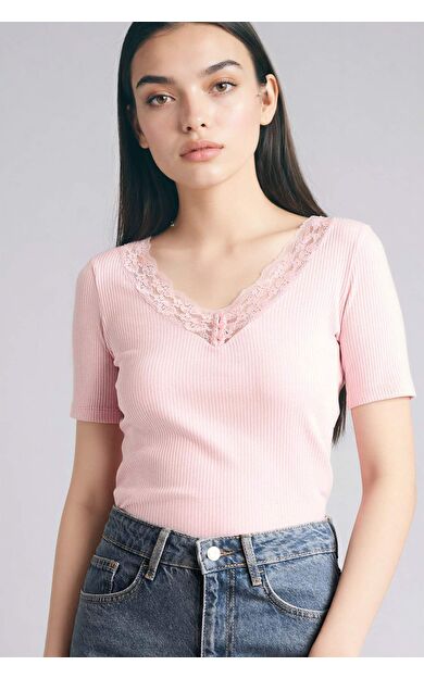 Slım Fıt V Yaka Fitilli Kaşkorse Kısa Kollu Tişört