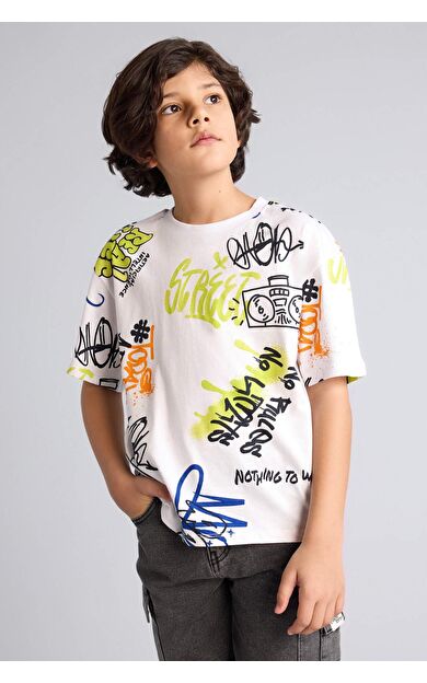 DeFacto Oversıze Desenli Kısa Kollu Tişört Erkek Çocuk