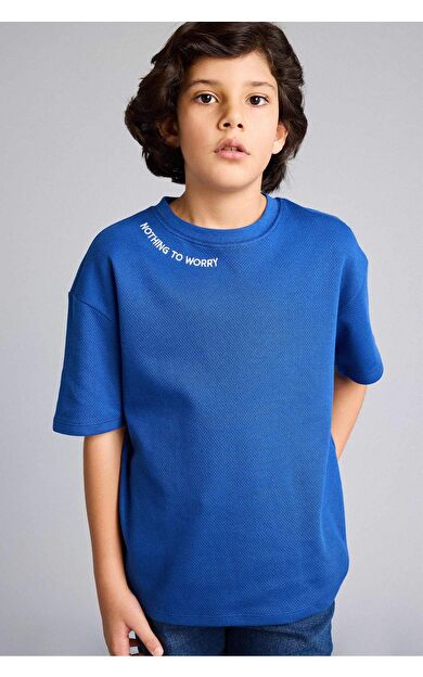 Oversıze Nakışlı Yaka Baskılı Kısa Kollu Tişört Erkek Çocuk