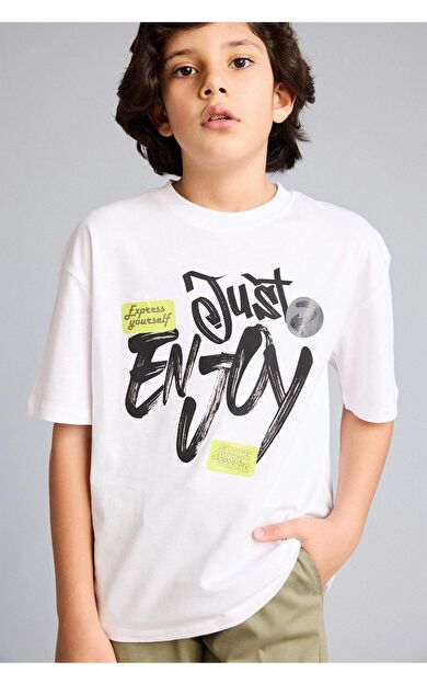 Oversıze Bisiklet Yaka Baskılı Kısa Kollu Tişört Erkek Çocuk