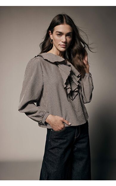 Regular Fıt V Yaka Kareli Gofre Dokulu Uzun Kollu Bluz