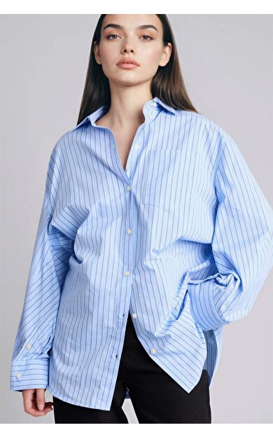 Oversıze Gömlek Yaka Çizgili Poplin Uzun Kollu Gömlek