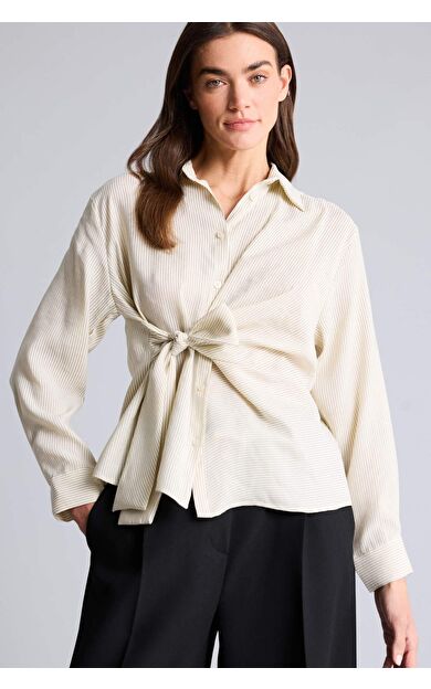 Oversıze Gömlek Yaka Çizgili Tensel Uzun Kollu Gömlek