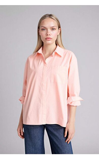 Oversıze Gömlek Yaka Poplin Uzun Kollu Gömlek