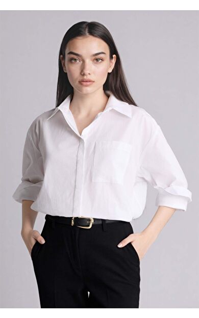 Oversıze Gömlek Yaka Poplin Uzun Kollu Gömlek