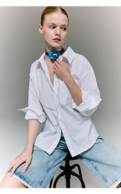 DeFacto Oversıze Gömlek Yaka Poplin Uzun Kollu Gömlek