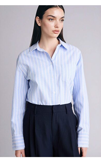 Oversıze Gömlek Yaka Çizgili Oxford Uzun Kollu Gömlek