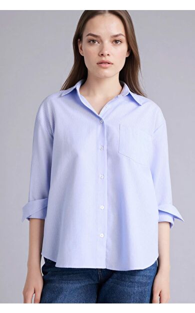 Oversıze Gömlek Yaka Çizgili Oxford Uzun Kollu Gömlek