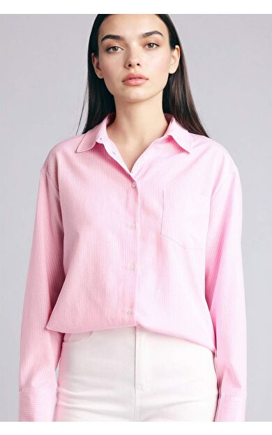 Oversıze Gömlek Yaka Çizgili Oxford Uzun Kollu Gömlek