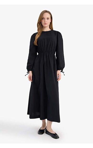 Regular Fit Bisiklet Yaka Poplin Uzun Kollu Elbise