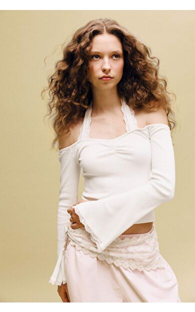 Fıtted Halter Yaka Fitilli Kaşkorse Uzun Kollu Tişört