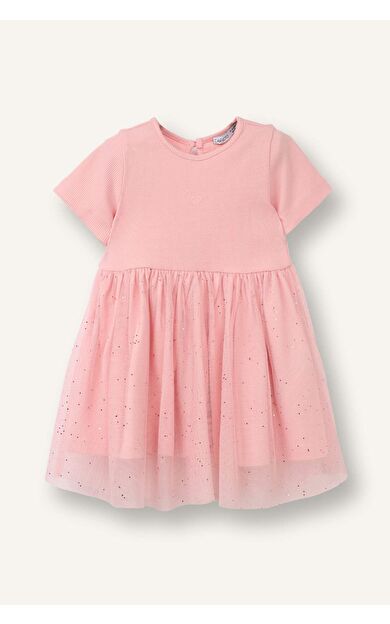 İşlemeli Kısa Kollu Fitilli Kaşkorse Elbise Kız Bebek
