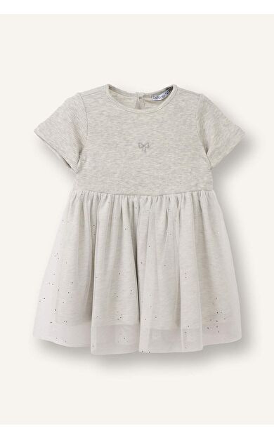 İşlemeli Kısa Kollu Fitilli Kaşkorse Elbise Kız Bebek