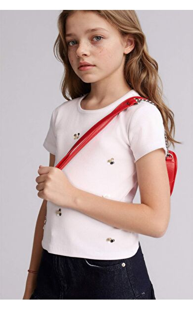 DeFacto 23 Nisan Çocuk Bayramı Bisiklet Yaka Romantik Baskılı Fitilli Kaşkorse Kısa Kollu Tişört Kız Çocuk