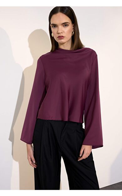 Regular Fit Degaje Yaka Saten Uzun Kollu Bluz