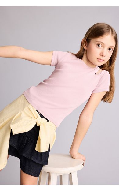 DeFacto Bisiklet Yaka Fitilli Kaşkorse Kısa Kollu Tişört Kız Çocuk Pembe H0066A826SMPN427