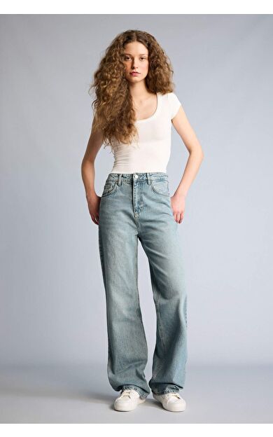 90's Wıde Leg Yüksek Bel Uzun Jean Yıkamalı Pantolon