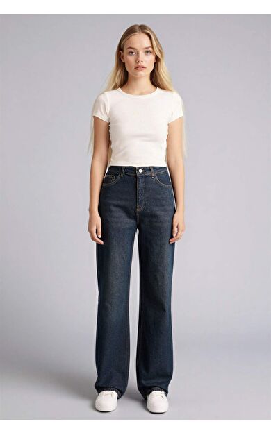 90's Wıde Leg Yüksek Bel Uzun Jean Yıkamalı Pantolon