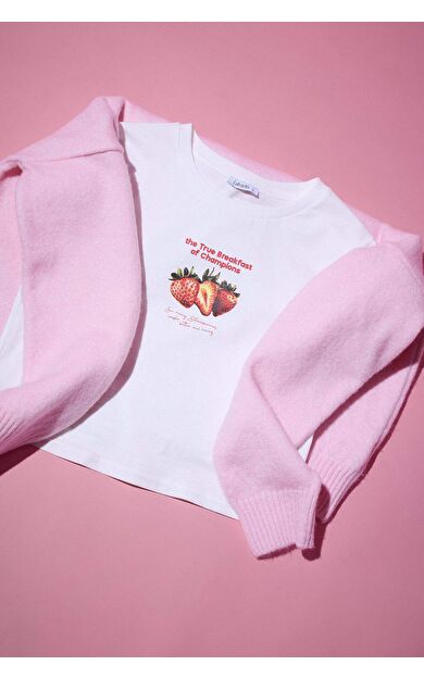 Fıtted Bisiklet Yaka Baskılı Kısa Kollu Tişört