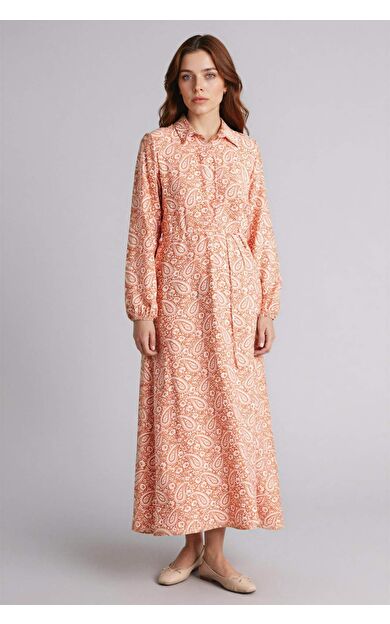 Gömlek Yaka Baskılı Uzun Kollu Elbise