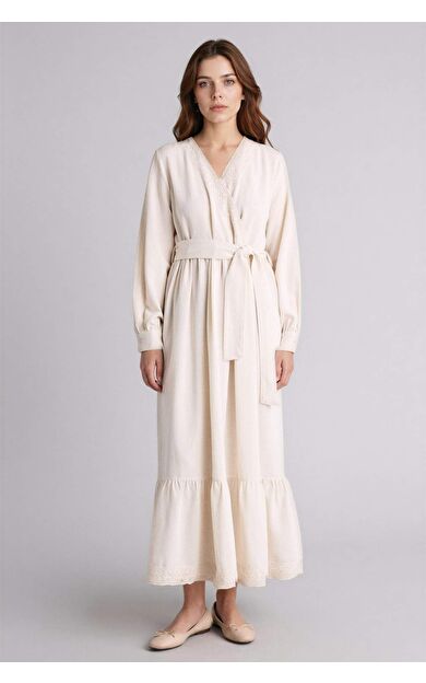 DeFacto V Yaka Keten Karışımlı Uzun Kollu Elbise