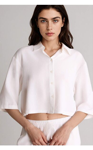 DeFacto Oversıze Gömlek Yaka Keten Karışımlı Kısa Kollu Gömlek