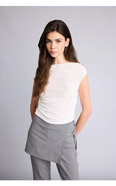 Fıtted Kayık Yaka Fitilli Kaşkorse Kısa Kollu Tişört