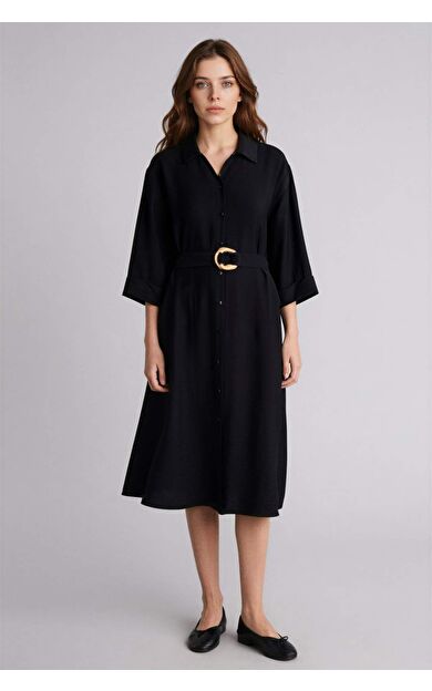 DeFacto Regular Fıt Gömlek Yaka Uzun Kollu Elbise