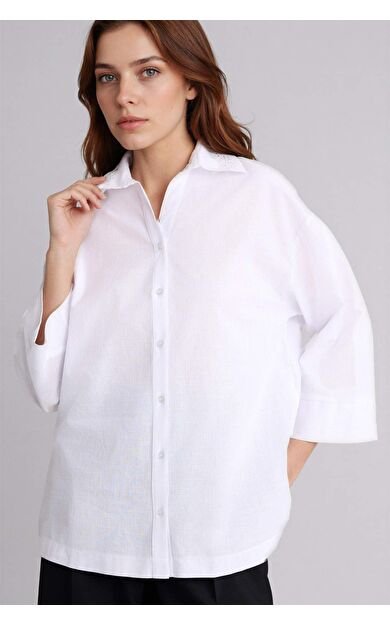 DeFacto Regular Fıt Gömlek Yaka Flamlı Pamuk Uzun Kollu Gömlek